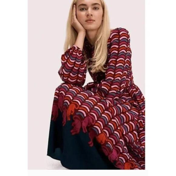 Kate Spade Rawr Dress Midi Multicolor Long Sleeve 4 - Picture 1 of 8